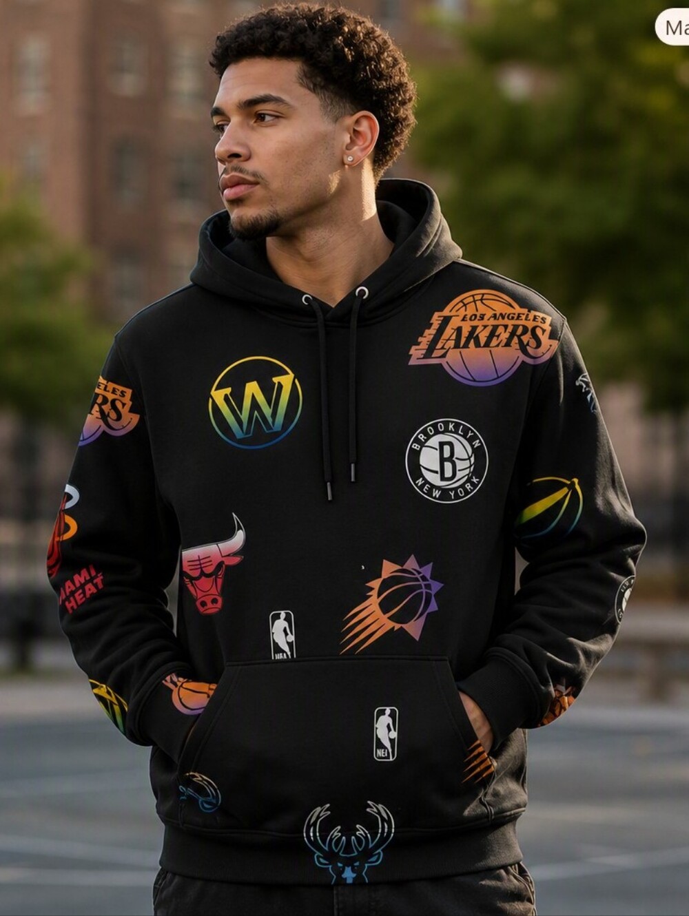 Hollister Black Hoodie with Multicolor NBA Logos